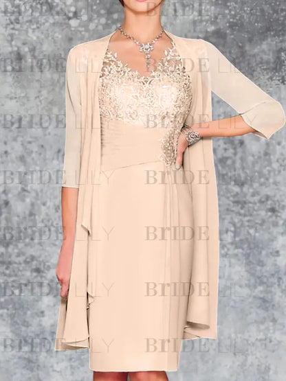 Two Piece Ruffle Chiffon Mother of the Bride Outfit Lace Short Wedding Guest Dress