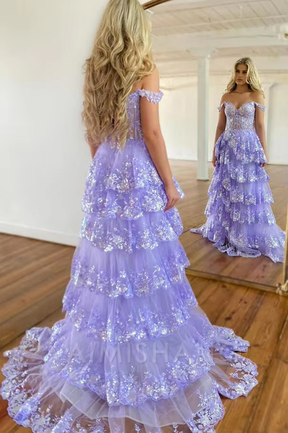 Aimishang A Line Tulle Appliques Off-the-Shoulder Ruffle Long Prom Dress Sweetheart Tiered Skirt Corset Lace Formal Dress Charming Evening Party Sparkly Dress