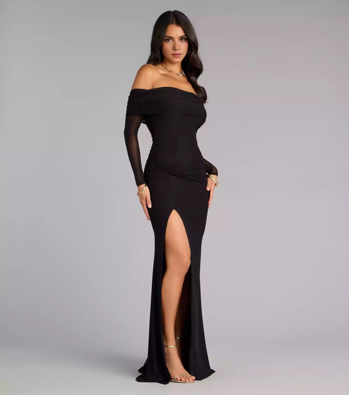 Lightweight and close fitting mesh knit off shoulder collar slim fit long sleeved high slit mermaid and floor Prom Dresses