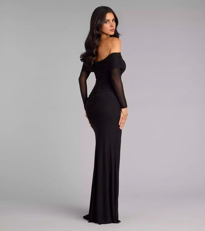 Lightweight and close fitting mesh knit off shoulder collar slim fit long sleeved high slit mermaid and floor Prom Dresses