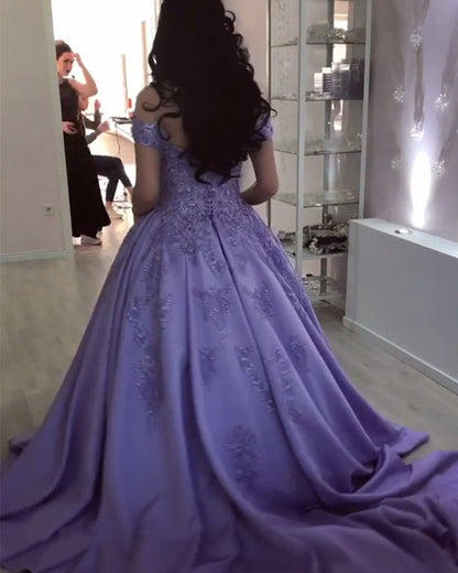 Lilac Lace Flowers Beaded V-neck Ball Gown Satin Dresses Off Shoulder