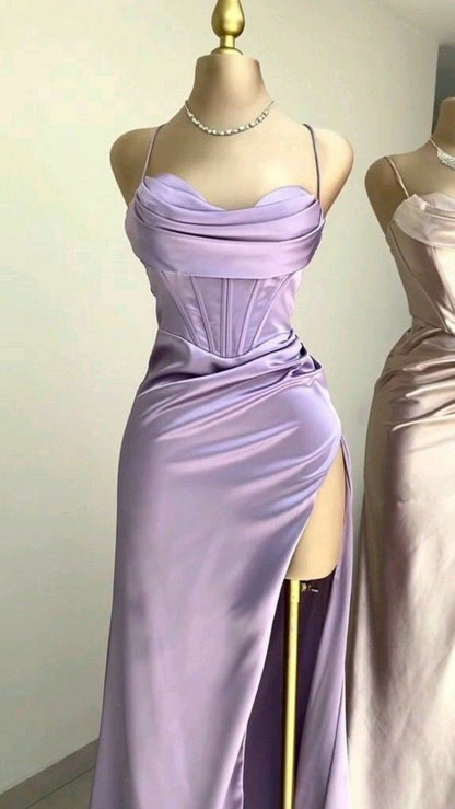 Mermaid Satin Long Prom Dress With Side Slit, AST881