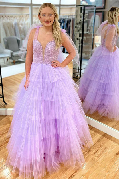 Lilac Spaghetti Straps A-Line Tulle Long Prom Dress