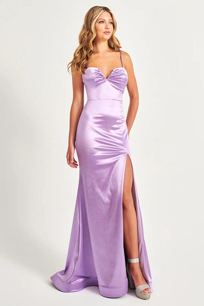 Lilac Spaghetti Straps Sheath Backless Satin Long Prom Dress