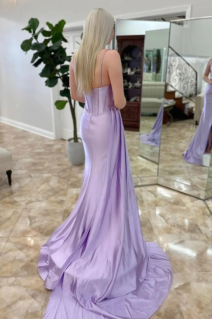Lilac Spaghetti Straps Sheath Satin Long Prom Dress with Slit