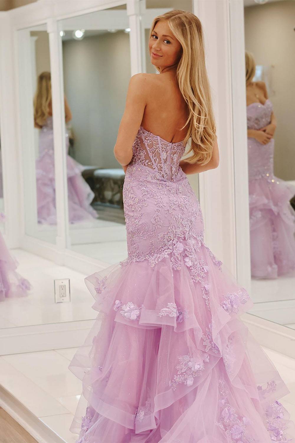 Lilac Sweetheart Mermaid Applique Ruffled Long Prom Dress