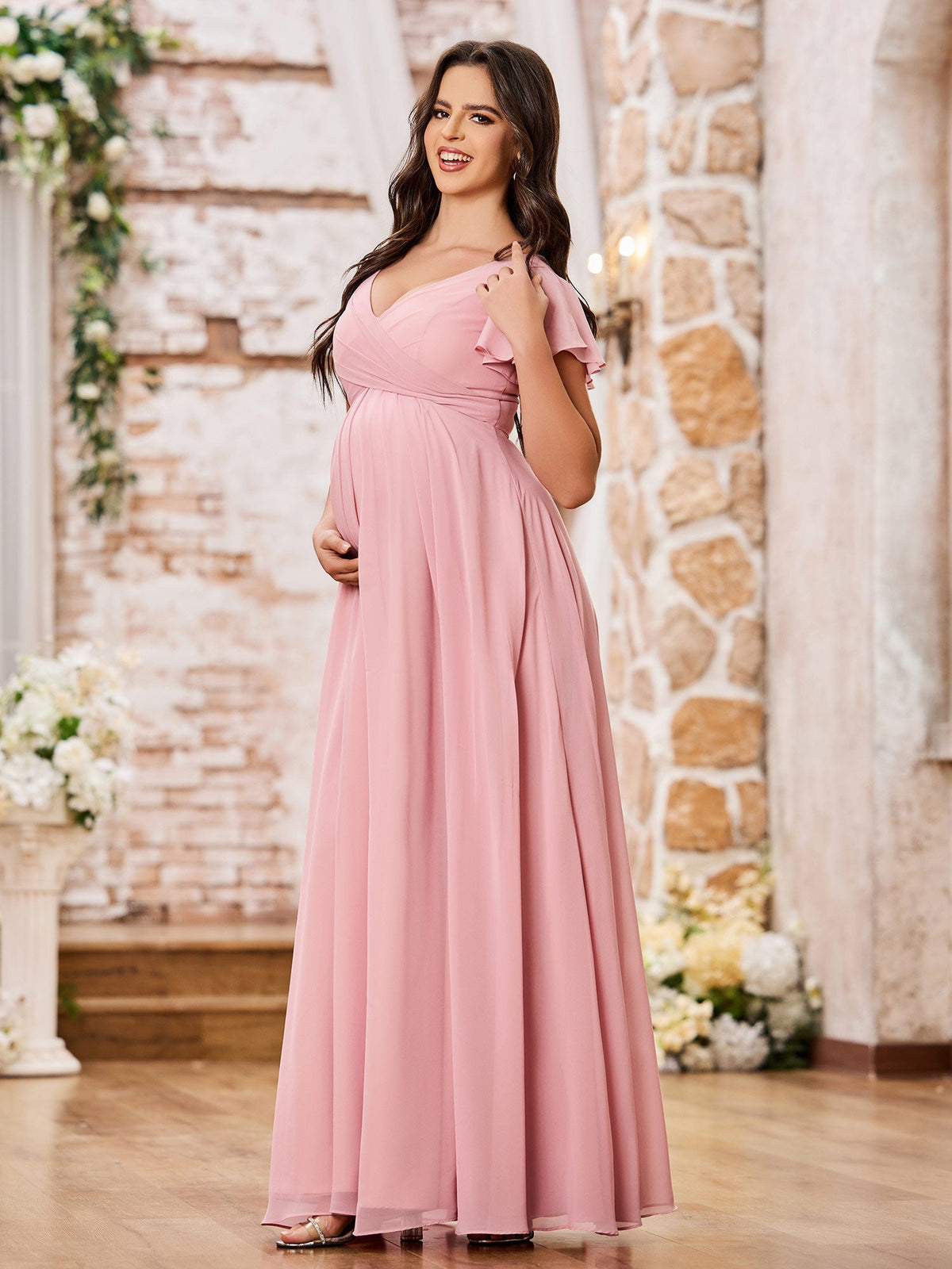 A-line V-neck Empire Chiffon Long Dresses with Cap Sleeves Dusty Rose
