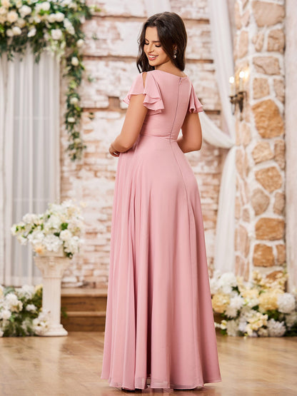 A-line V-neck Empire Chiffon Long Dresses with Cap Sleeves Dusty Rose