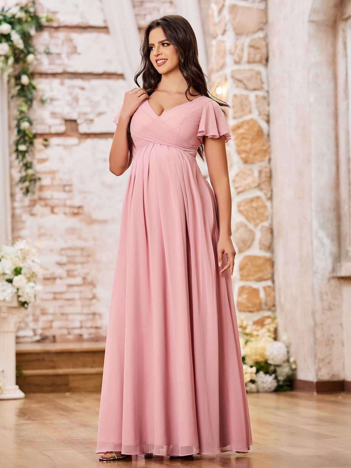A-line V-neck Empire Chiffon Long Dresses with Cap Sleeves Dusty Rose