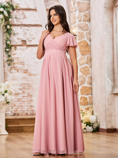 A-line V-neck Empire Chiffon Long Dresses with Cap Sleeves Dusty Rose