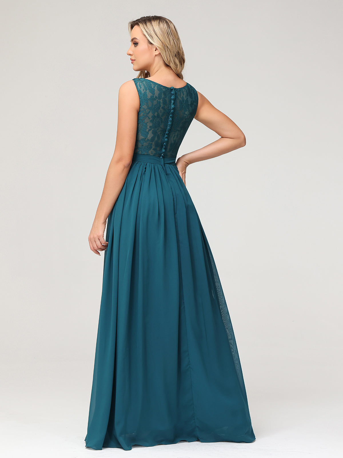 V-neck Chiffon Dresses with Lace Back-Peacock