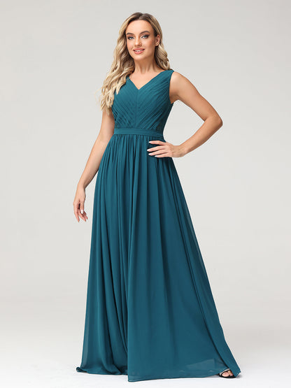 V-neck Chiffon Dresses with Lace Back-Peacock