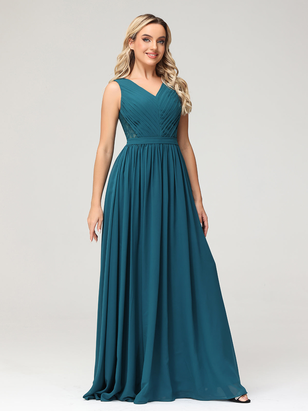 V-neck Chiffon Dresses with Lace Back-Peacock