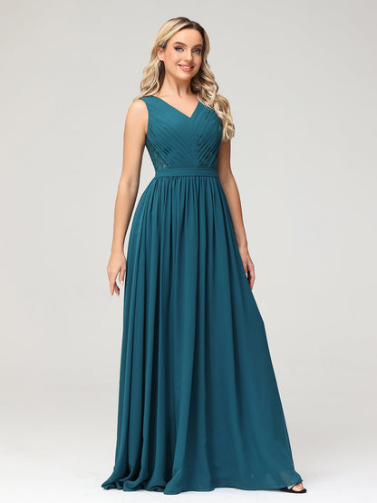 V-neck Chiffon Dresses with Lace Back-Peacock