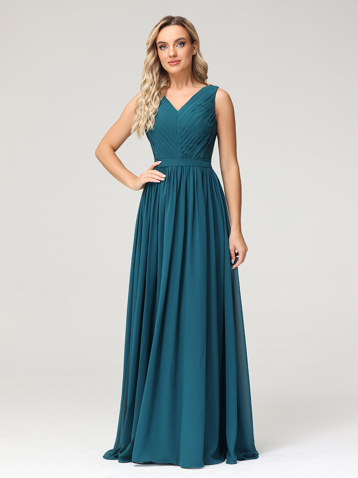 V-neck Chiffon Dresses with Lace Back-Peacock