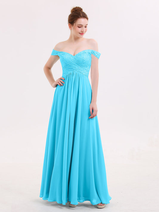 Off Shoulder Chiffon And Lace Empire Dress-Pool