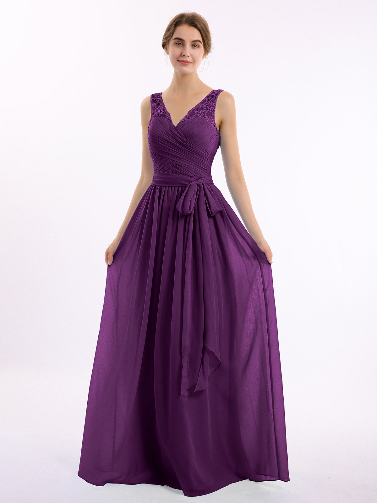 Lace Straps Long Chiffon Dresses with Bow Sash-Grape
