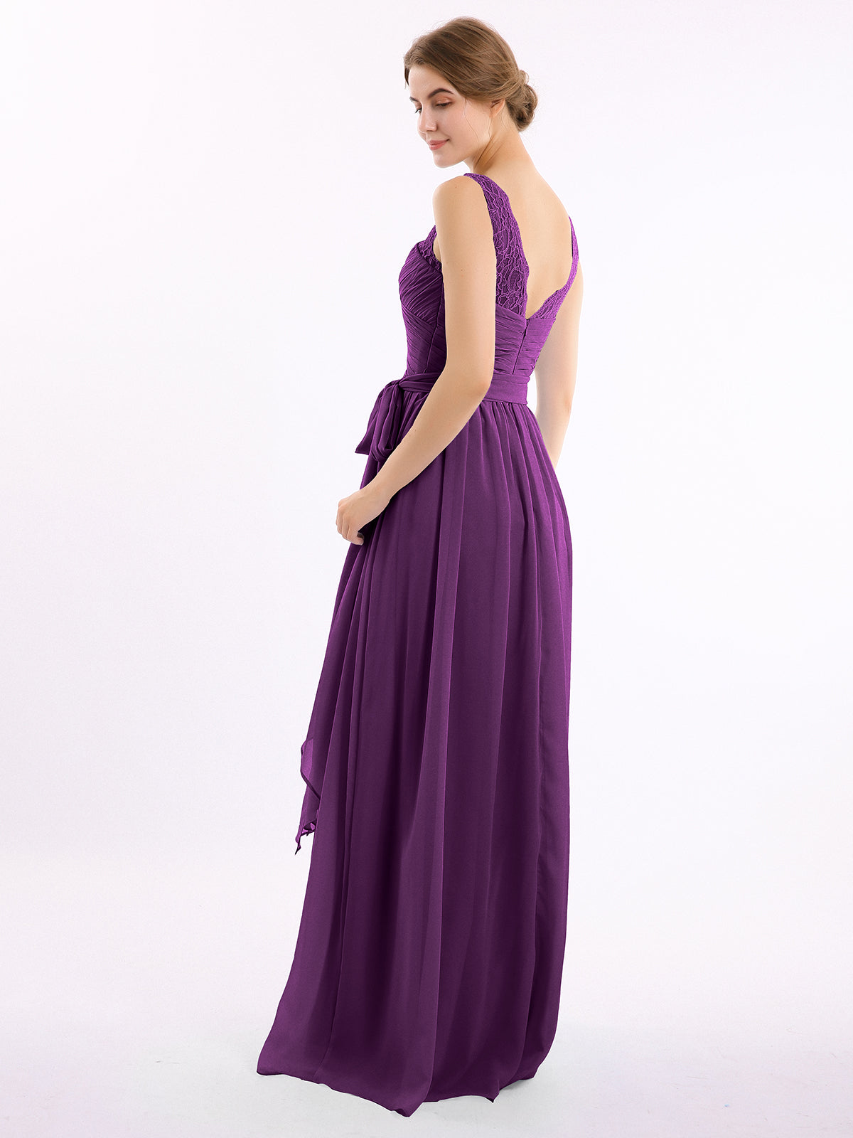 Lace Straps Long Chiffon Dresses with Bow Sash-Grape