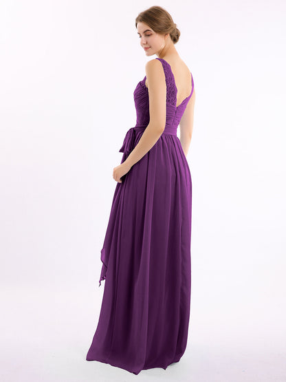 Lace Straps Long Chiffon Dresses with Bow Sash-Grape