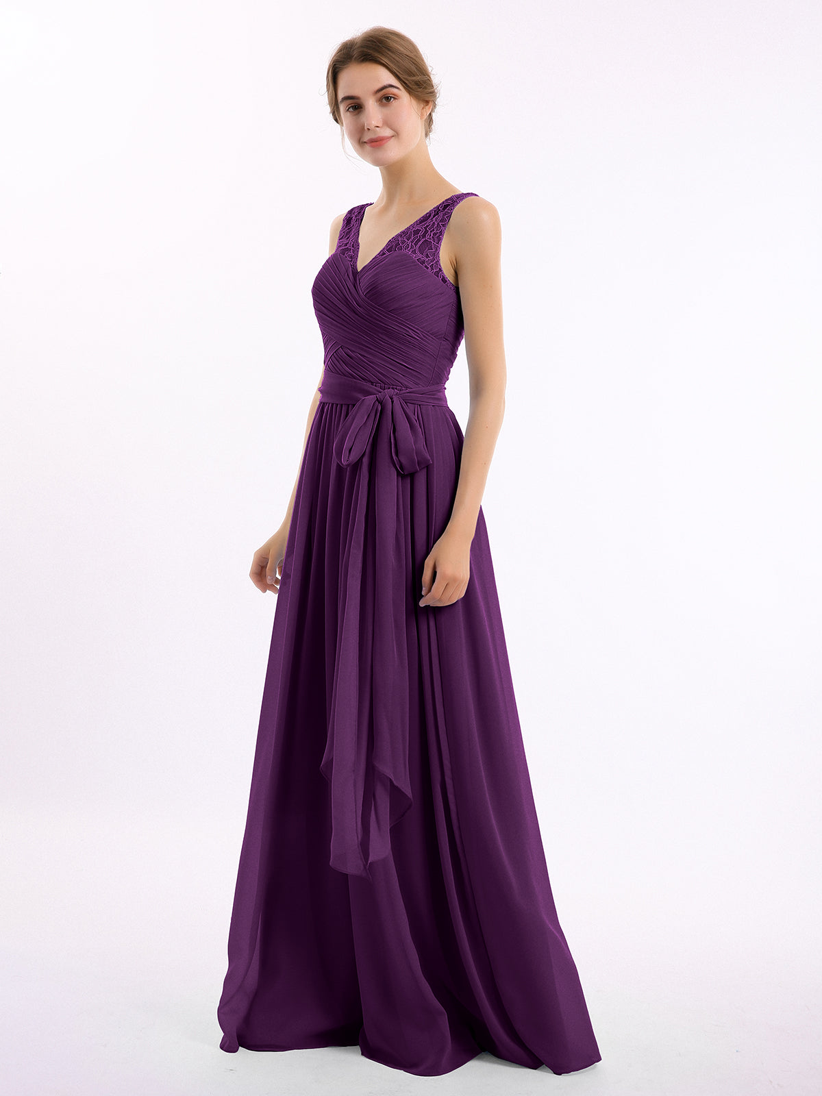 Lace Straps Long Chiffon Dresses with Bow Sash-Grape
