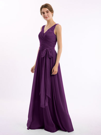 Lace Straps Long Chiffon Dresses with Bow Sash-Grape
