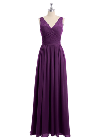 Lace Straps Long Chiffon Dresses with Bow Sash-Grape