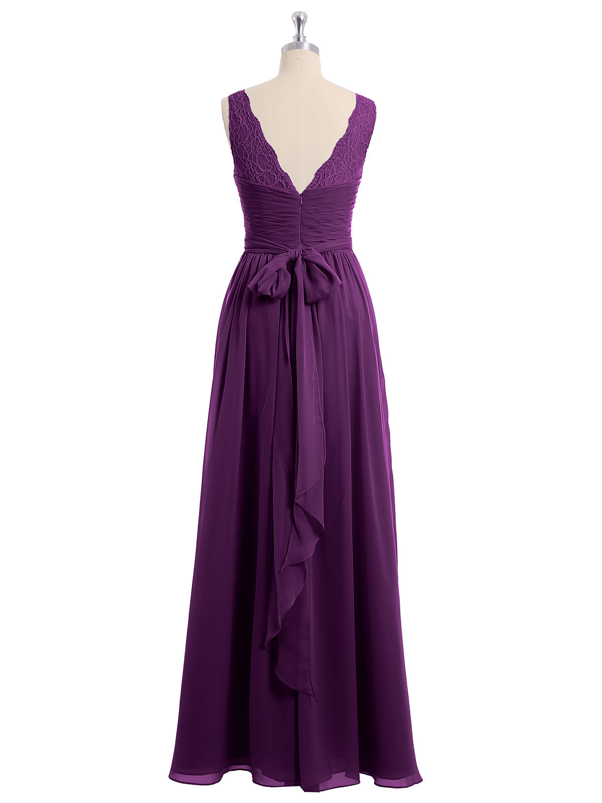 Lace Straps Long Chiffon Dresses with Bow Sash-Grape
