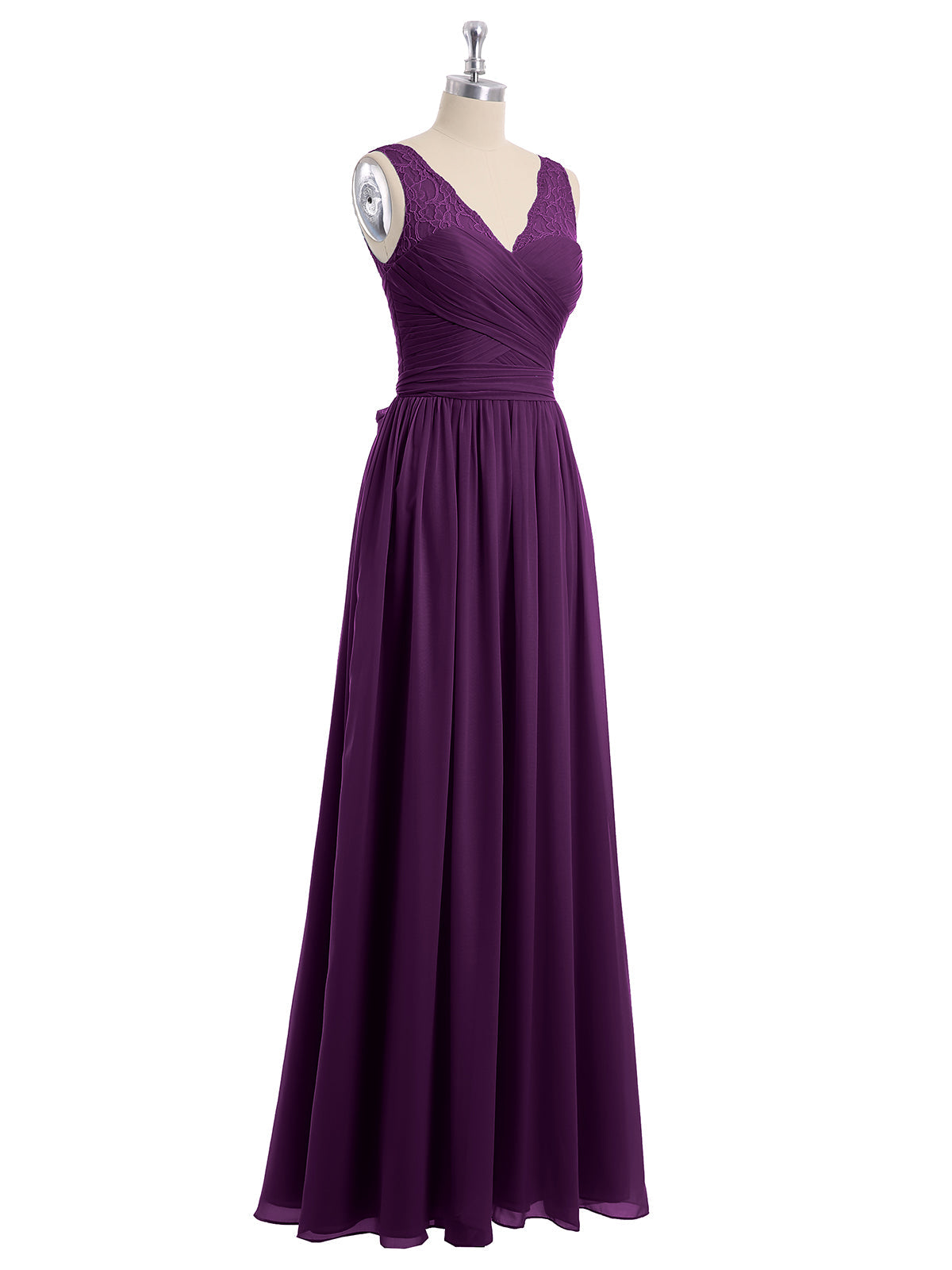 Lace Straps Long Chiffon Dresses with Bow Sash-Grape