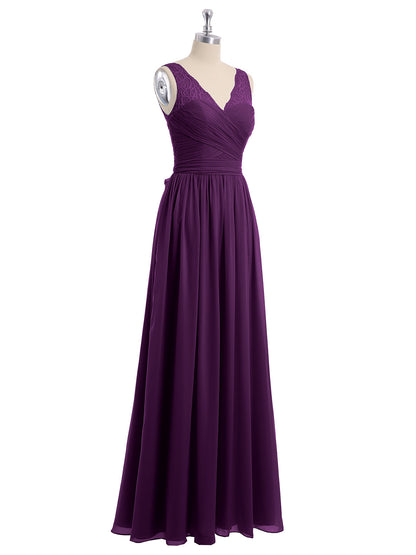 Lace Straps Long Chiffon Dresses with Bow Sash-Grape