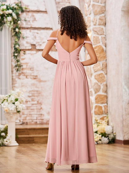 Spaghetti Straps Deep V-neck Maxi Dresses with Slit Dusty Rose