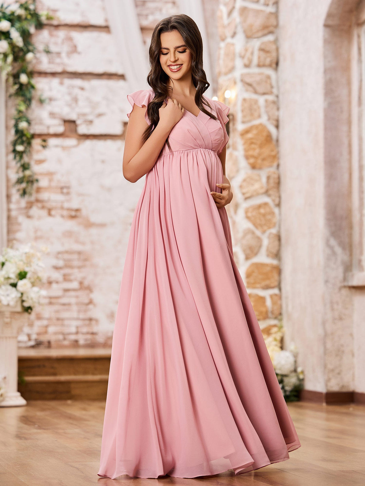 A-line V-neck Long Chiffon Empire Bridesmaid Dresses Dusty Rose