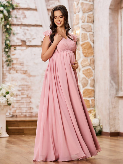 A-line V-neck Long Chiffon Empire Bridesmaid Dresses Dusty Rose