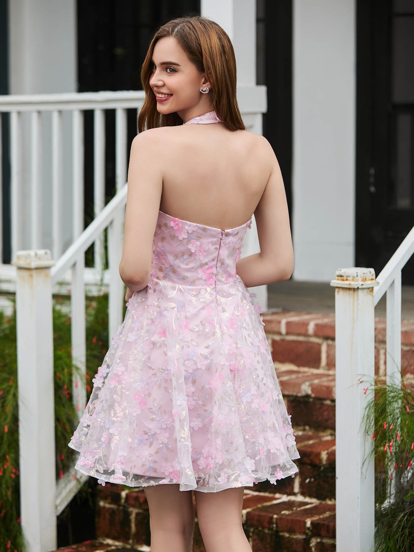 Halter Flowers Appliqued Short Dress with Beaded Blushing Pink