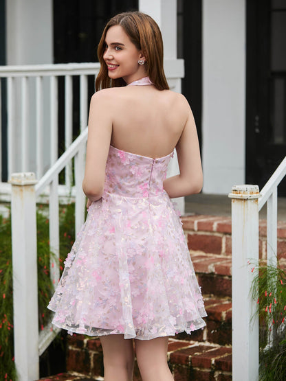Halter Flowers Appliqued Short Dress with Beaded Blushing Pink