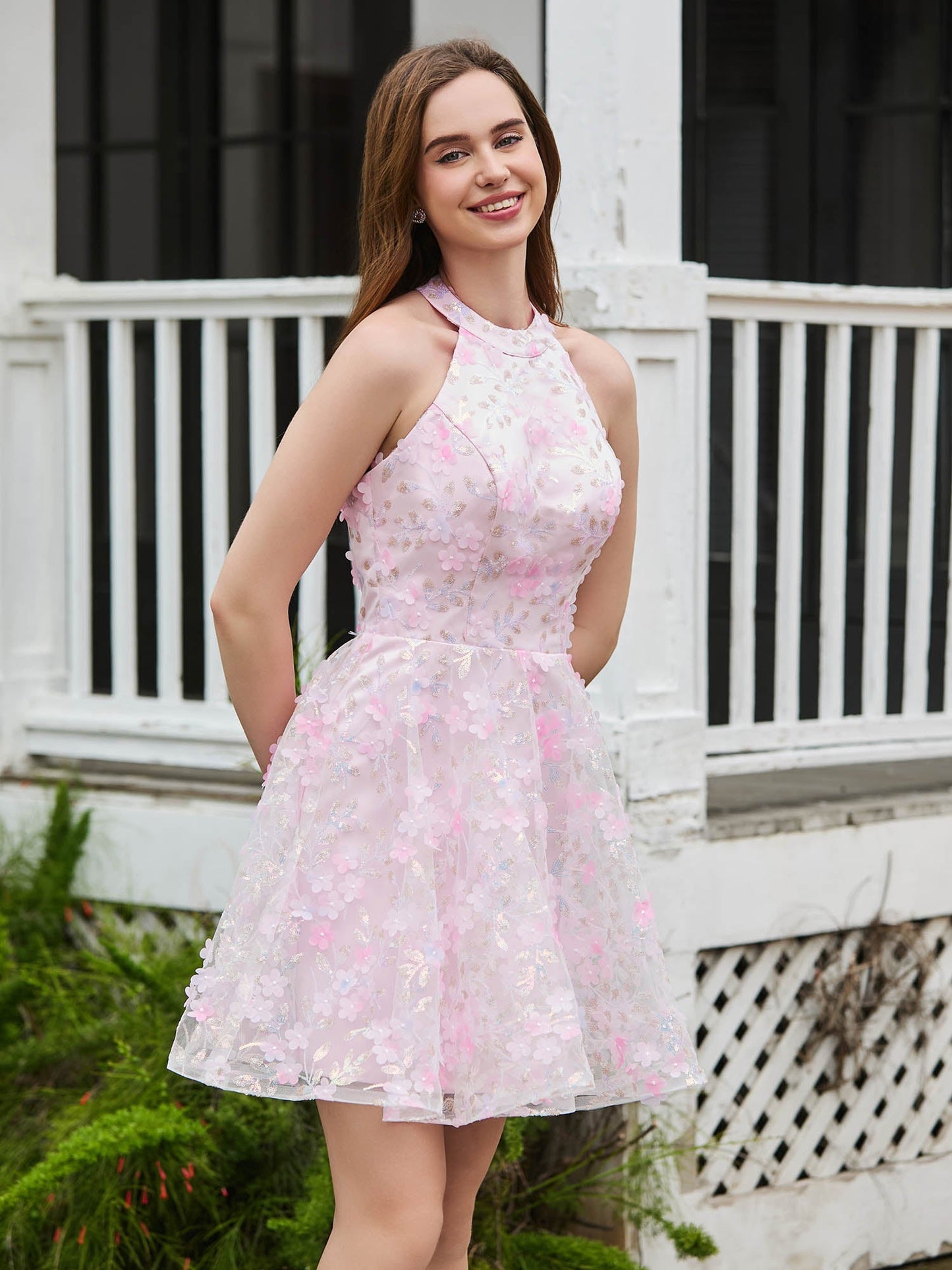 Halter Flowers Appliqued Short Dress with Beaded Blushing Pink