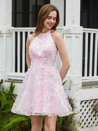 Halter Flowers Appliqued Short Dress with Beaded Blushing Pink
