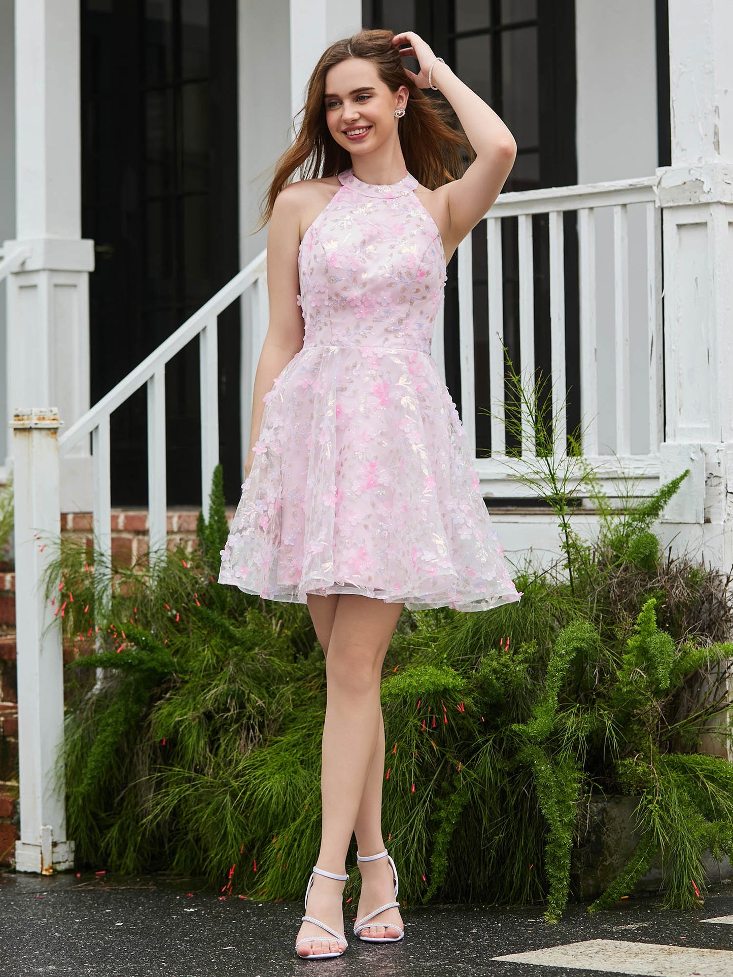 Halter Flowers Appliqued Short Dress with Beaded Blushing Pink