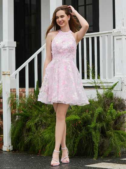 Halter Flowers Appliqued Short Dress with Beaded Blushing Pink