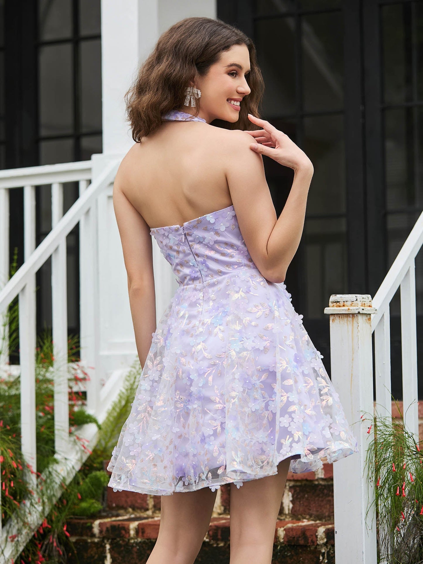 Halter Flowers Appliqued Short Dress with Beaded Lilac