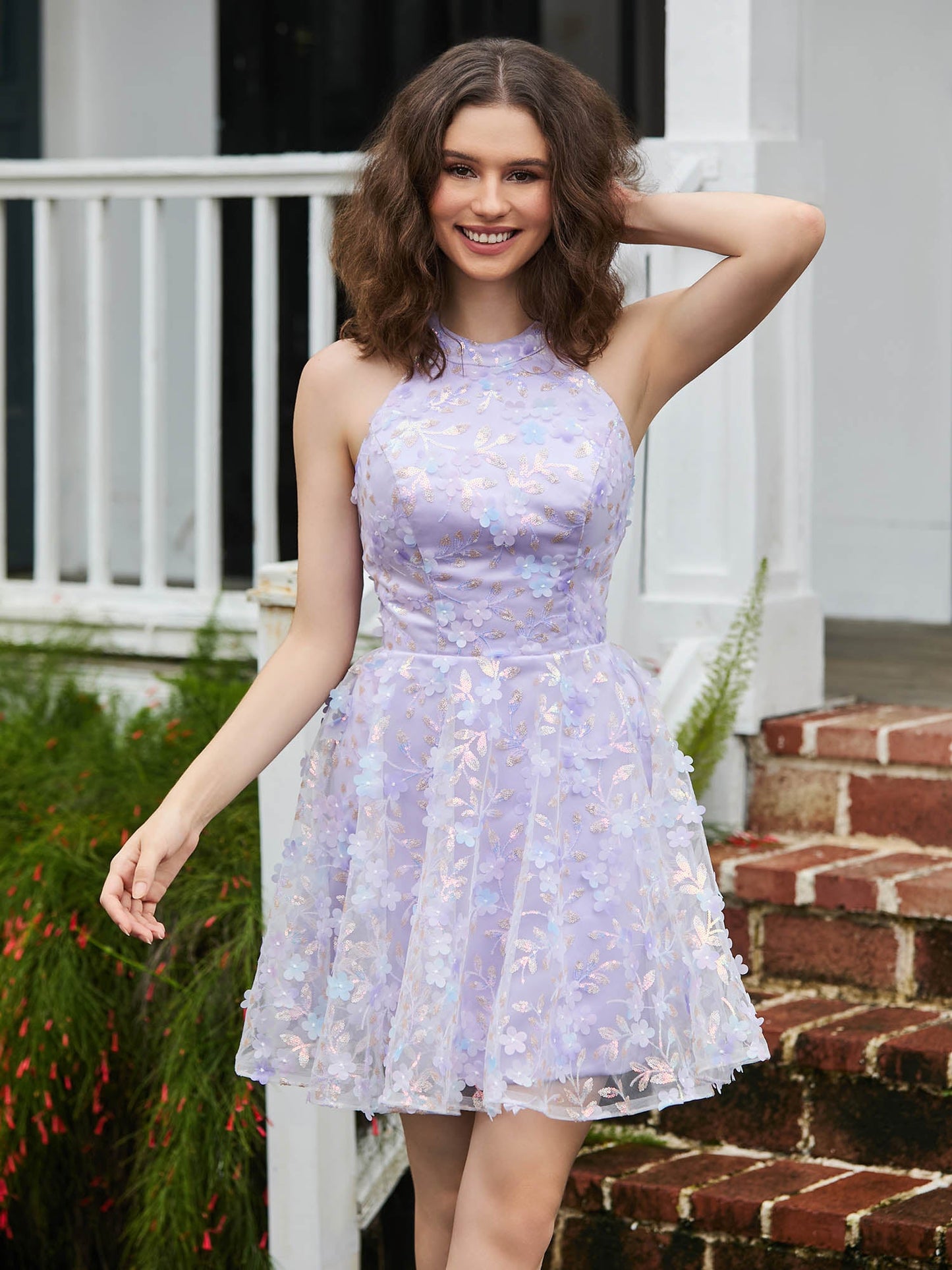 Halter Flowers Appliqued Short Dress with Beaded Lilac