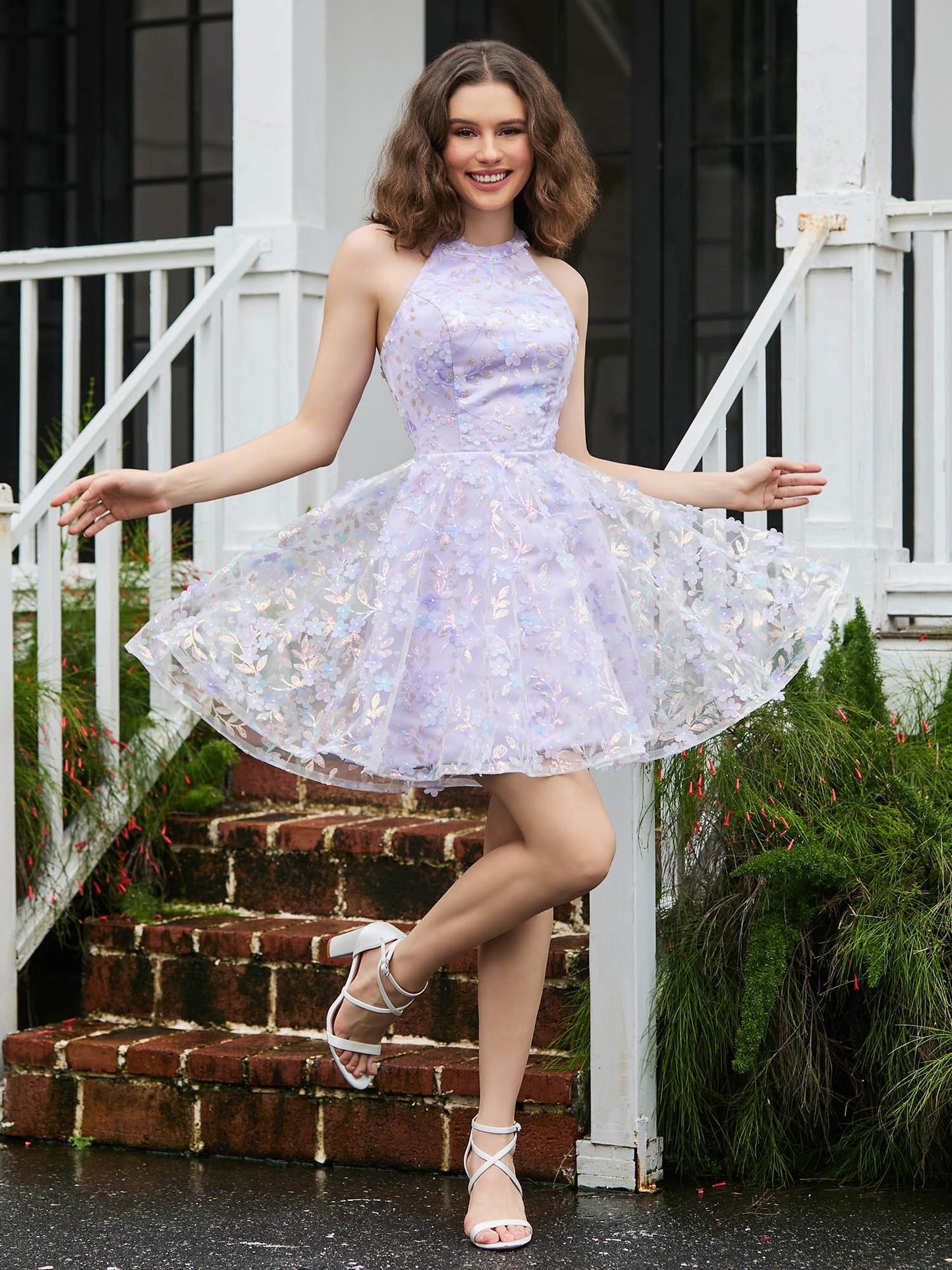 Halter Flowers Appliqued Short Dress with Beaded Lilac