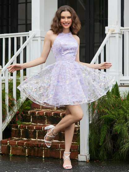 Halter Flowers Appliqued Short Dress with Beaded Lilac