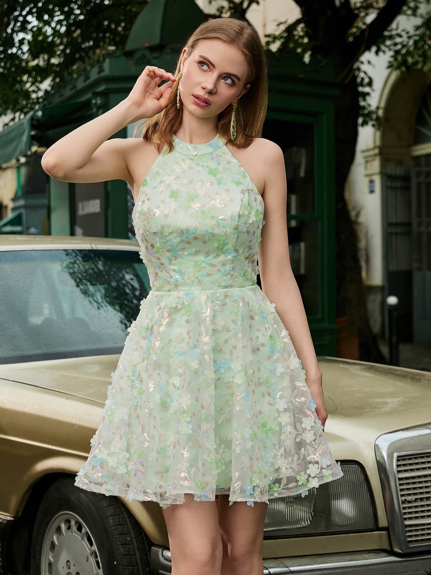 Halter Flowers Appliqued Short Dress with Beaded Sage