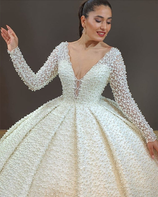 Luxurious Lace Beaded Wedding Dress Ball Gown Long Sleeves Open Back