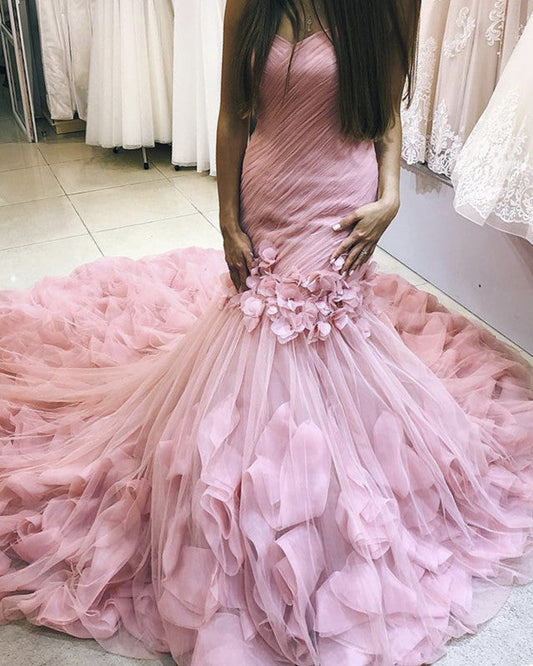Pink Wedding Dress Mermaid Sweetheart Ruffles