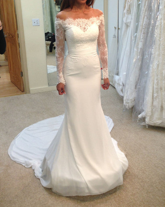 Mermaid Wedding Dress Lace Long Sleeves Off Shoulder