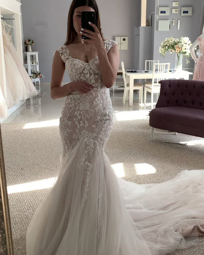 Mermaid Sweetheart Spaghetti Straps Wedding Lace Dresses