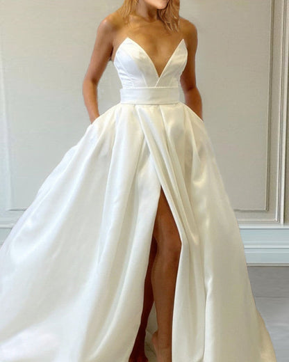 Sleeveless Satin Split Beach Wedding Dress With Pockets