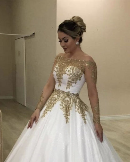 Gold And White Wedding Dress Lace Beaded Off Shoulder