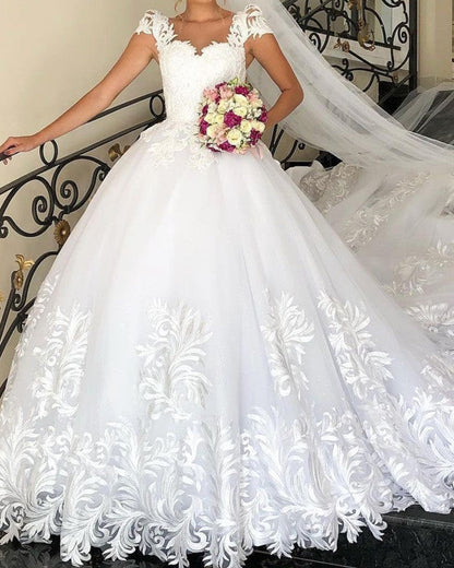 Lace Embroidery Wedding Dress Ball Gown Cap Sleeves